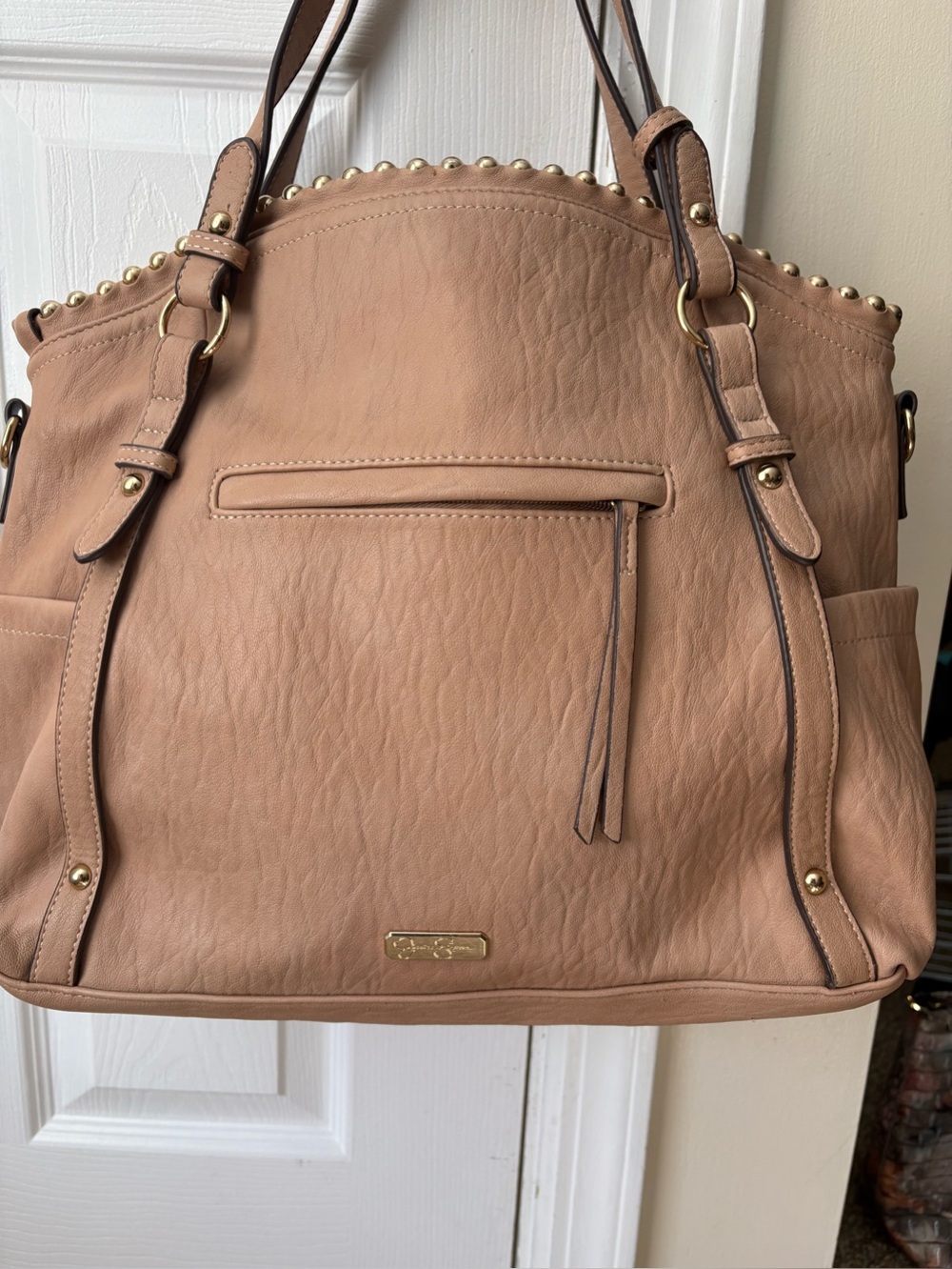 Jessica Simpson Sleek Shoulder Tote in Light Brown with Gold Accents